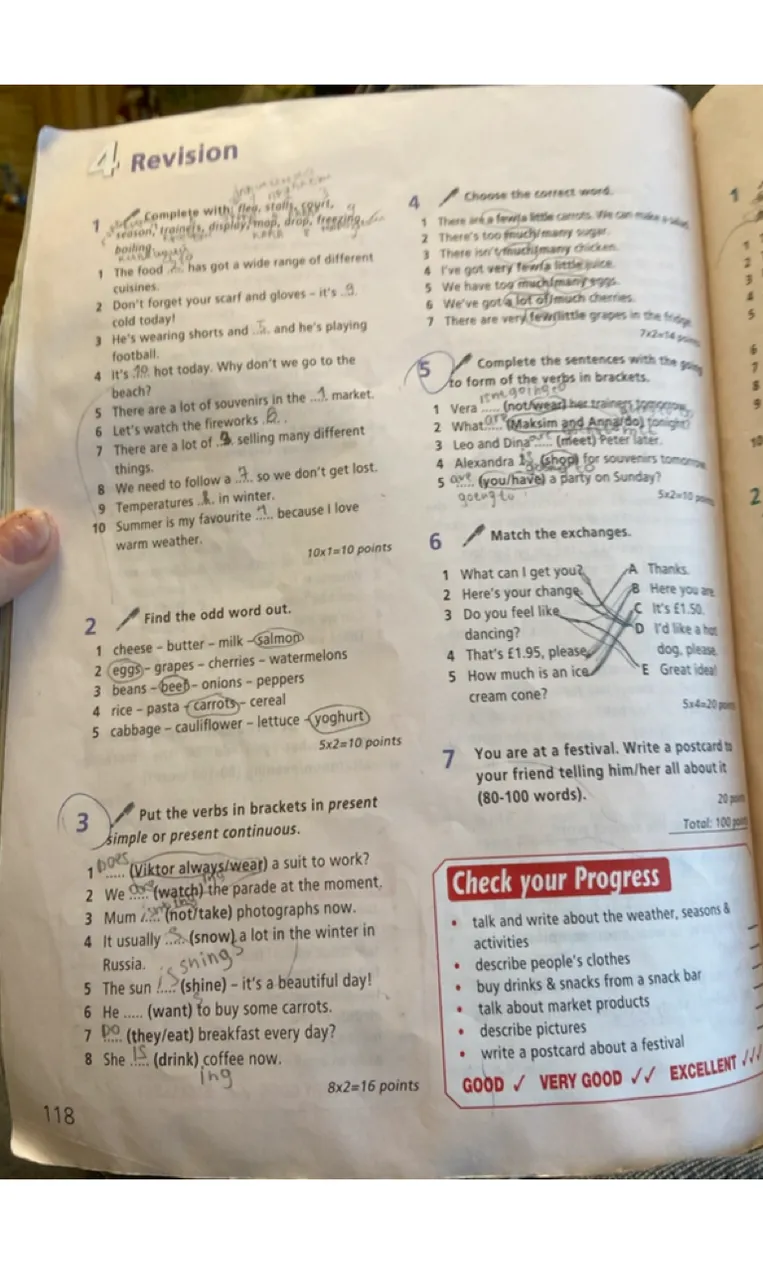 Revision section: vocabulary (food, clothes, weather), odd word out, grammar (Present Simple/Continuous, quantifiers, going to), matching exchanges, and writing a postcard.