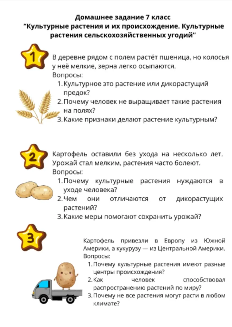 В деревне рядом с полем растёт пшеница, но колосья у неё мелкие, зерна легко осыпаются. Вопросы: 1. Культурное это растение или дикорастущий предок? 2. Почему человек не выращивает такие растения на полях? 3. Какие признаки делают растение культурным?