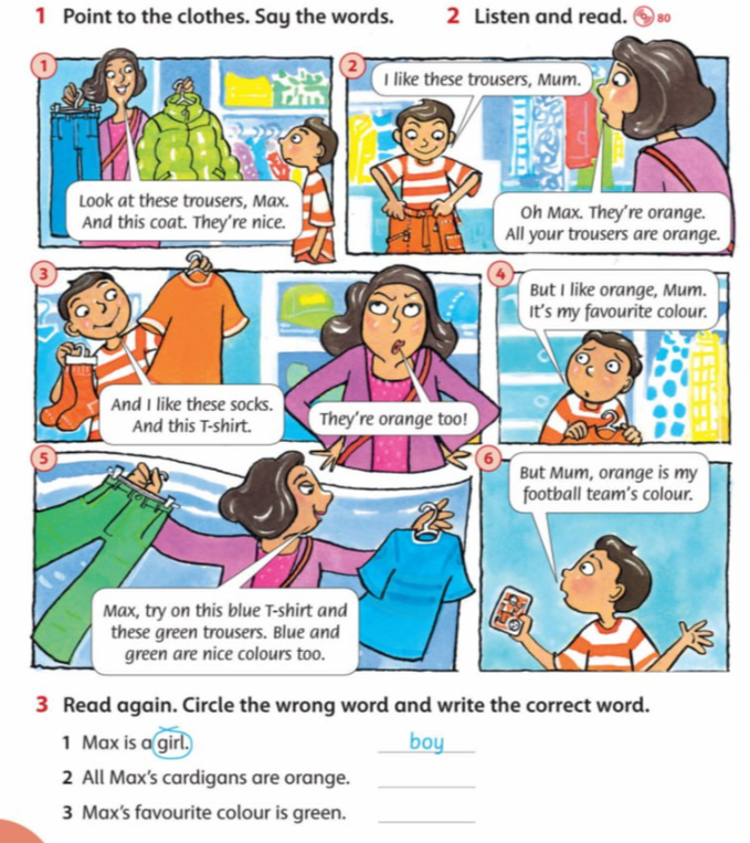 Read again. Circle the wrong word and write the correct word.