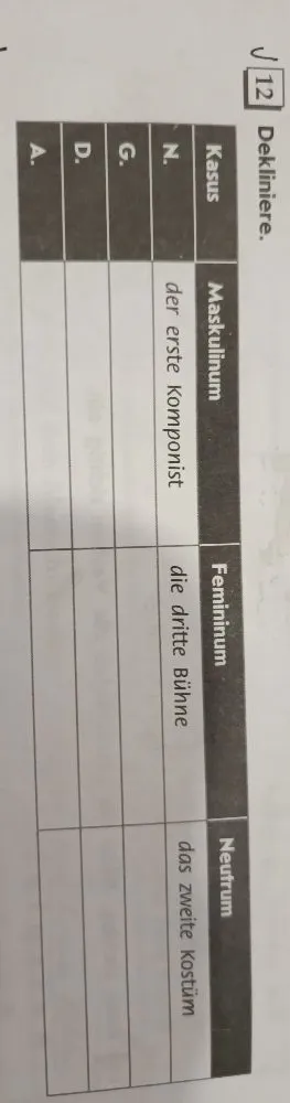 Dekliniere: der erste Komponist, die dritte Bühne, das zweite Kostüm