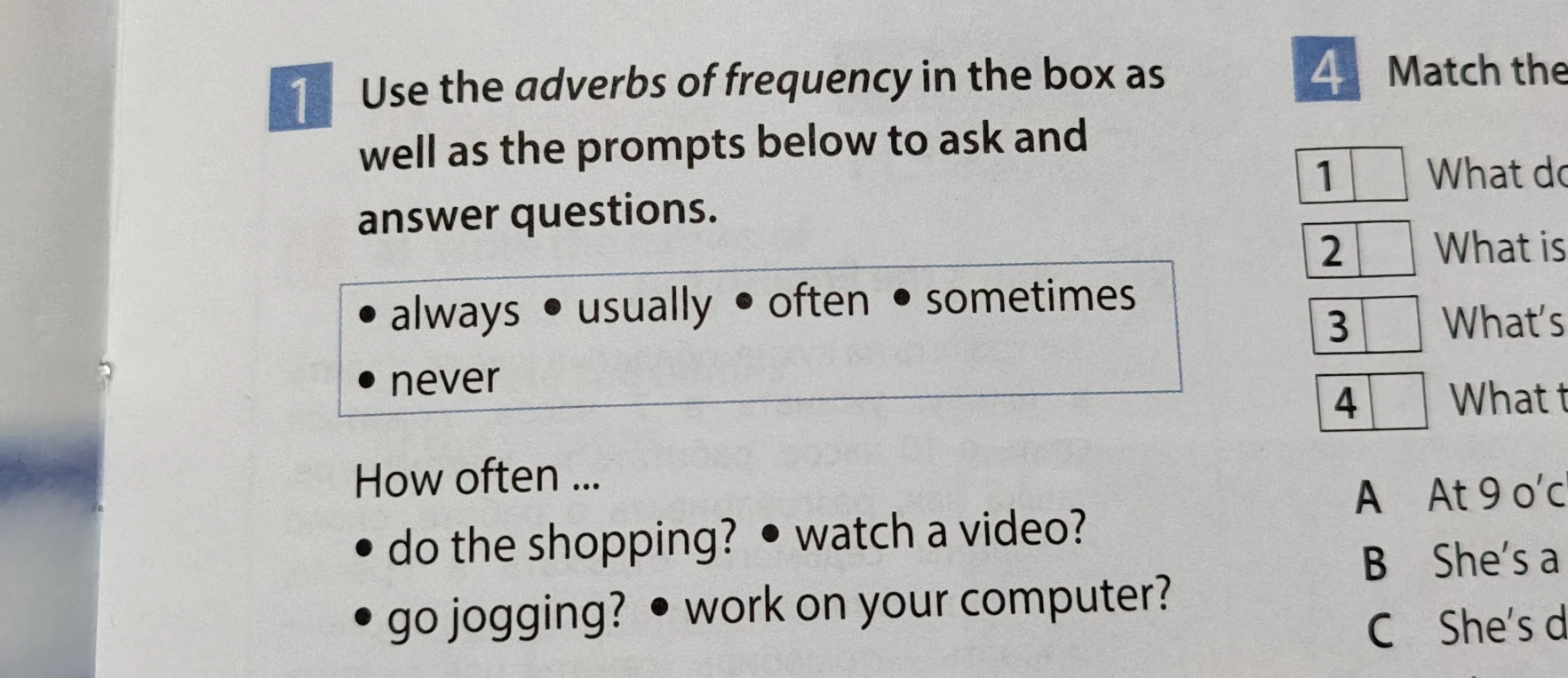 Use the adverbs of frequency in the box as well as the prompts below to ask and answer questions.