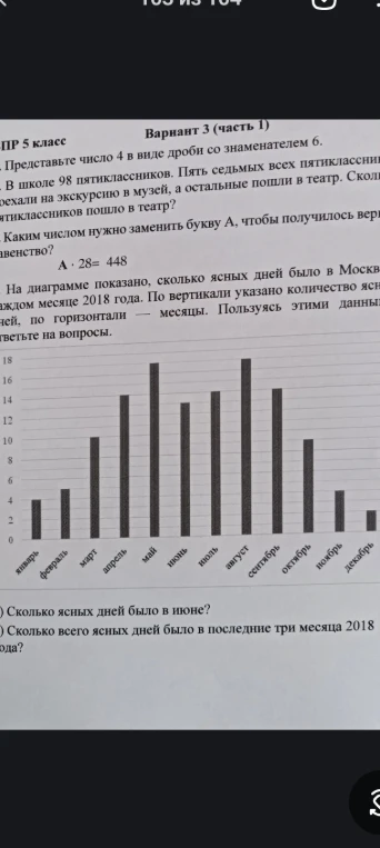 Представьте число 4 в виде дроби со знаменателем 6. В школе 98 пятиклассников. Пять седьмых всех пятиклассников поехали на экскурсию в музей, а остальные пошли в театр. Каким числом нужно заменить букву А, чтобы получилось верное равенство? Пользуясь диаграммой, ответьте на вопросы.