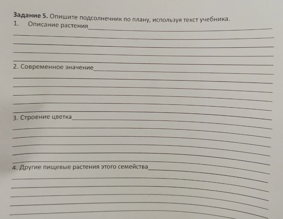 Задание 5. Опишите подсолнечник по плану, используя текст учебника.
