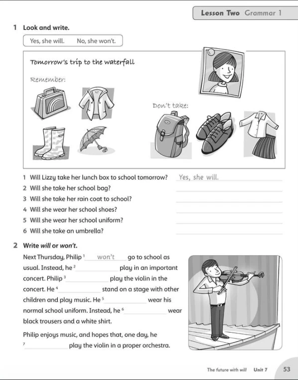 1 Look and write. 2 Write will or won't.
