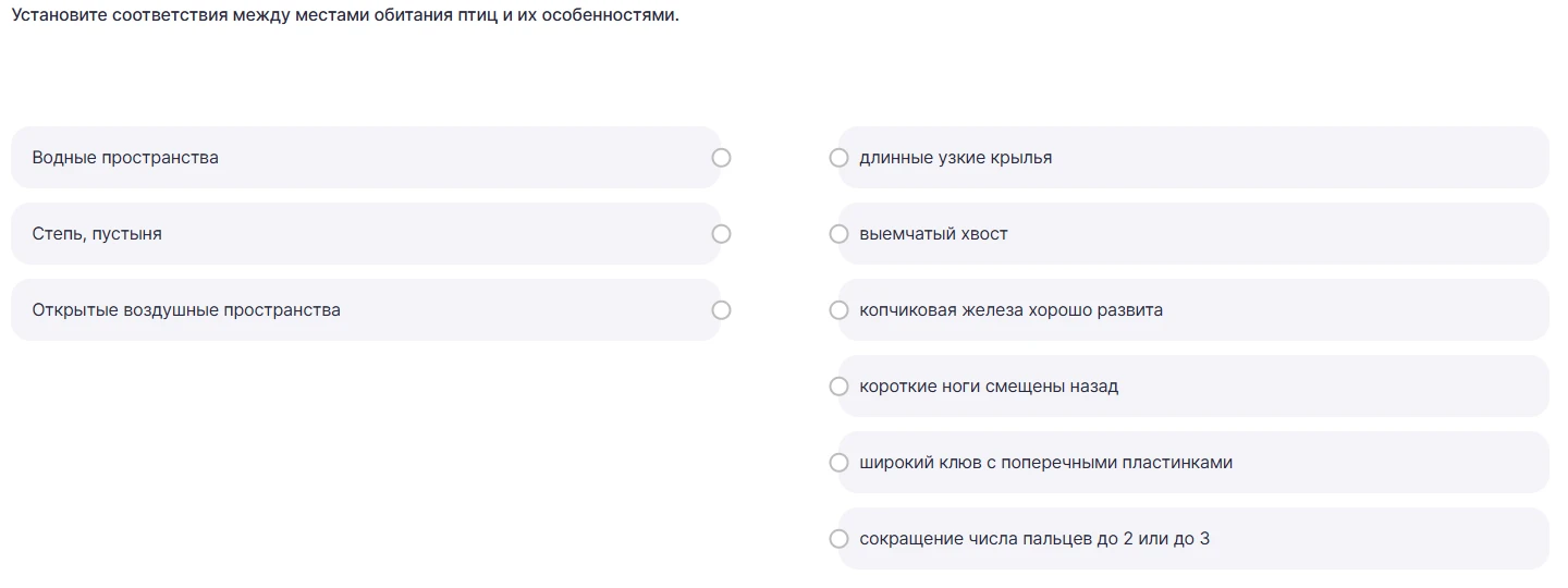 Установите соответствия между местами обитания птиц и их особенностями.