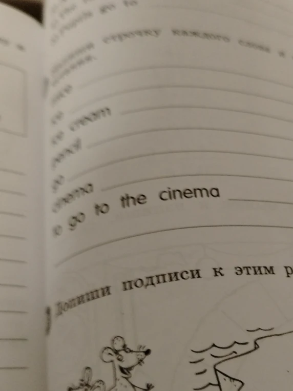 Напиши строчку каждого слова и словосочетания: rice, ice, ice cream, pencil, go, cinema, to go to the cinema.