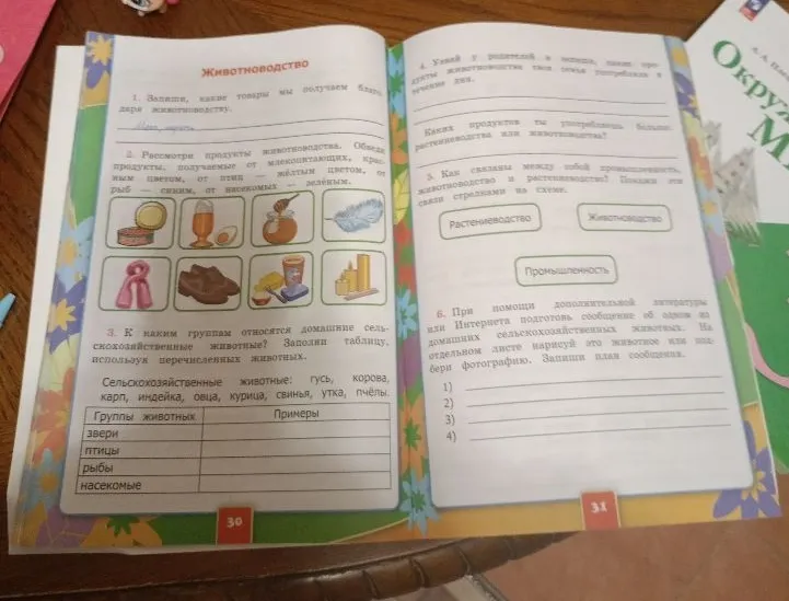 Заполни таблицу, используя перечисленных животных. Сельскохозяйственные животные: гусь, корова, карп, индейка, овца, курица, свинья, утка, пчелы.