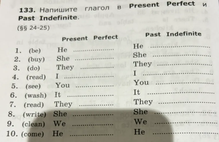 Напишите глагол в Present Perfect и Past Indefinite.