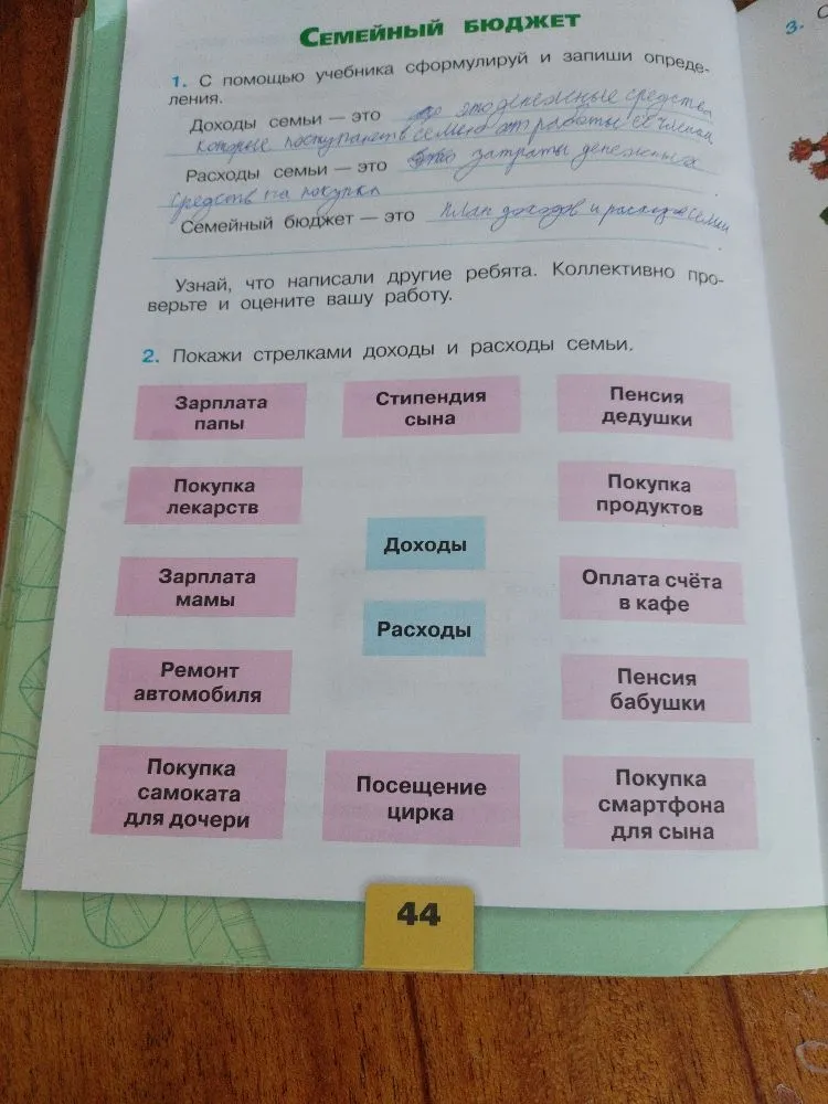 Покажи стрелками доходы и расходы семьи