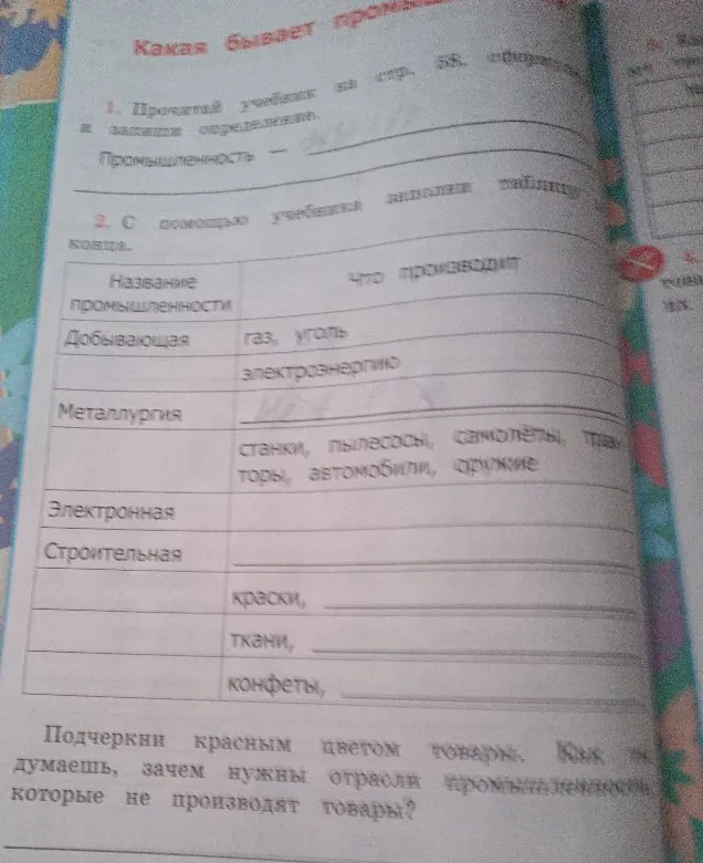 С помощью учебника заполни таблицу до конца. Название промышленности - Что производит.