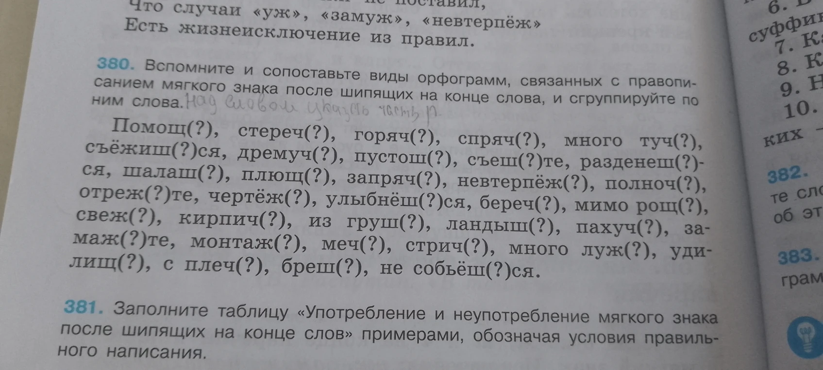 380. Вспомните и сопоставьте виды орфограмм, связанных с правописанием мягкого знака после шипящих на конце слова, и сгруппируйте по ним слова.