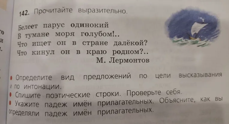 Прочитайте выразительно. Белеет парус одинокий... Определите вид предложений по цели высказывания и по интонации. Спишите поэтические строки. Укажите падеж имён прилагательных. Объясните, как вы определяли падеж имён прилагательных.
