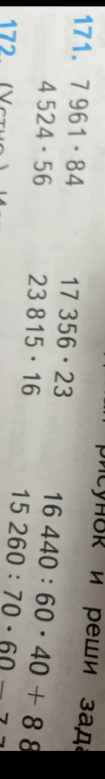 171. 7961 * 84; 4524 * 56; 17356 * 23; 23815 * 16; 16440 : 60 * 40 + 88; 15260 : 70 * 60