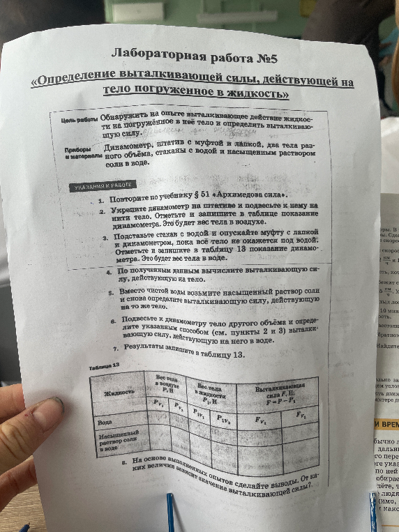 Лабораторная работа №5 «Определение выталкивающей силы, действующей на тело погруженное в жидкость»