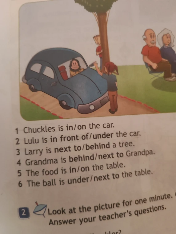 Выберите правильный предлог места, глядя на картинку: Chuckles is in/on the car...