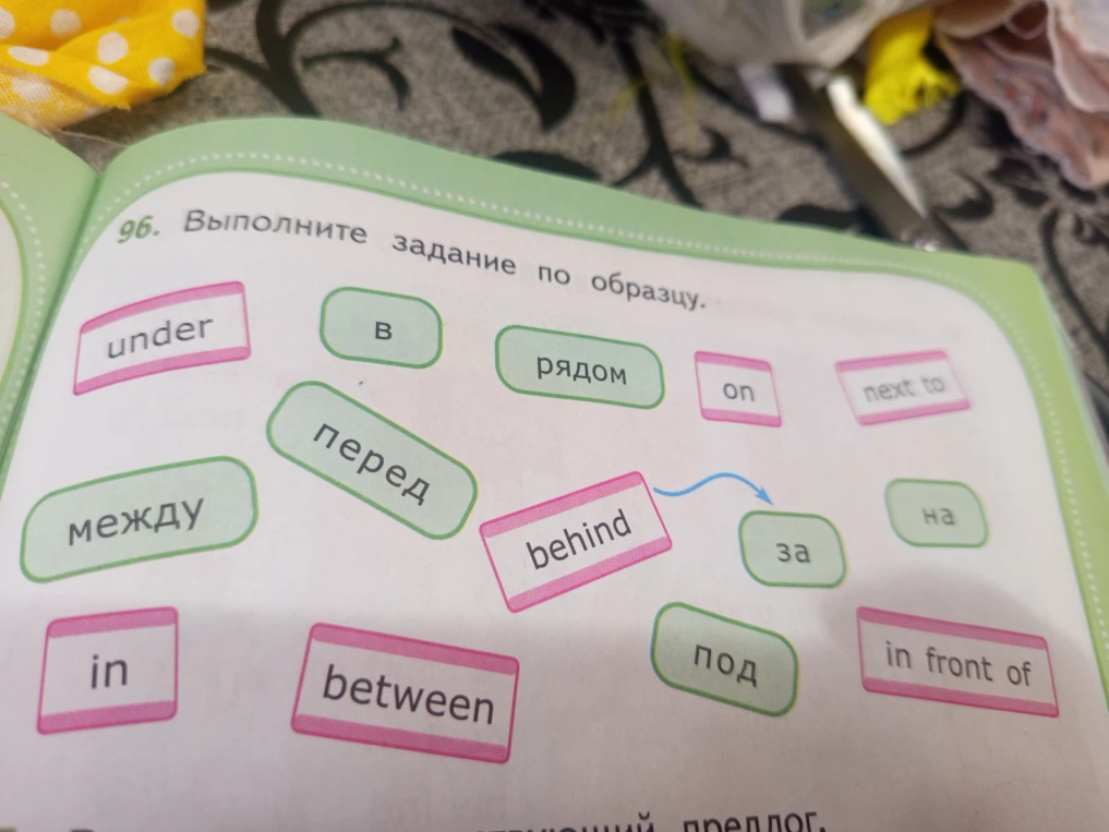 Выполните задание по образцу: соедините английские предлоги с их переводом на русский язык.