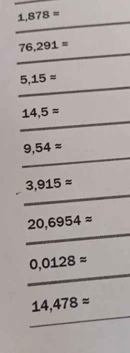 Округлите числа: 1,878; 76,291; 5,15; 14,5; 9,54; 3,915; 20,6954; 0,0128; 14,478