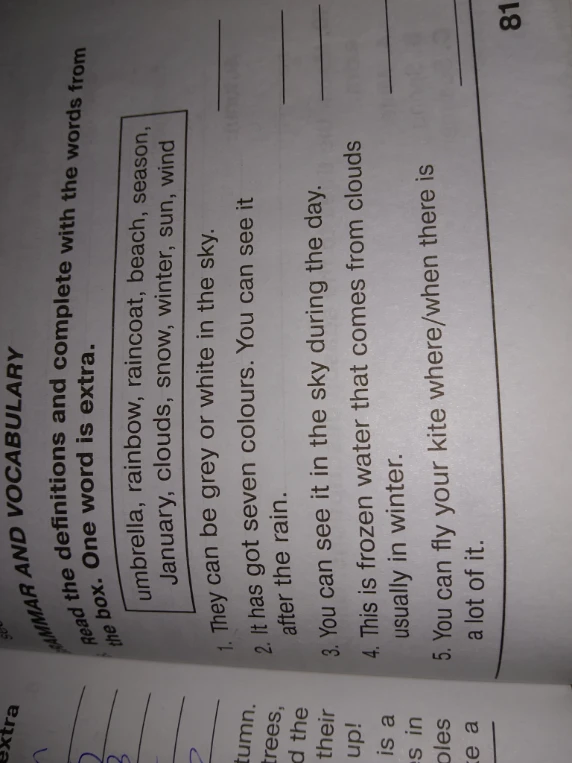 Read the definitions and complete with the words from the box. One word is extra.