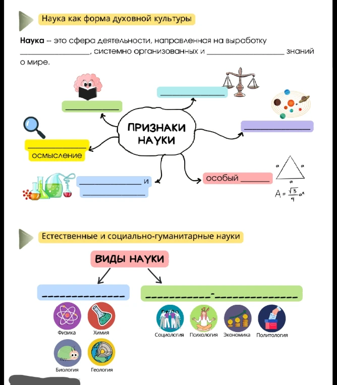 Заполните пропуски в схемах по теме 'Наука как форма духовной культуры': определение, признаки и виды наук.