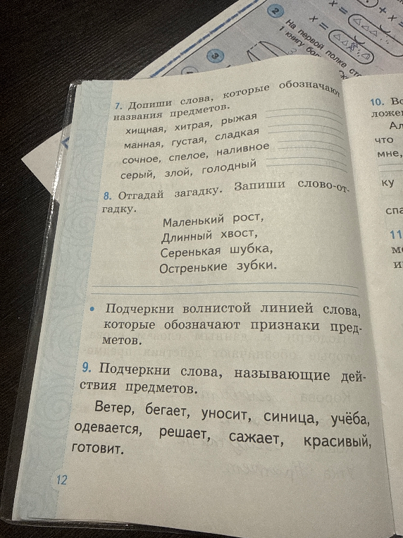7. Допиши слова, которые обозначают названия предметов. 8. Отгадай загадку. 9. Подчеркни слова, называющие действия предметов.