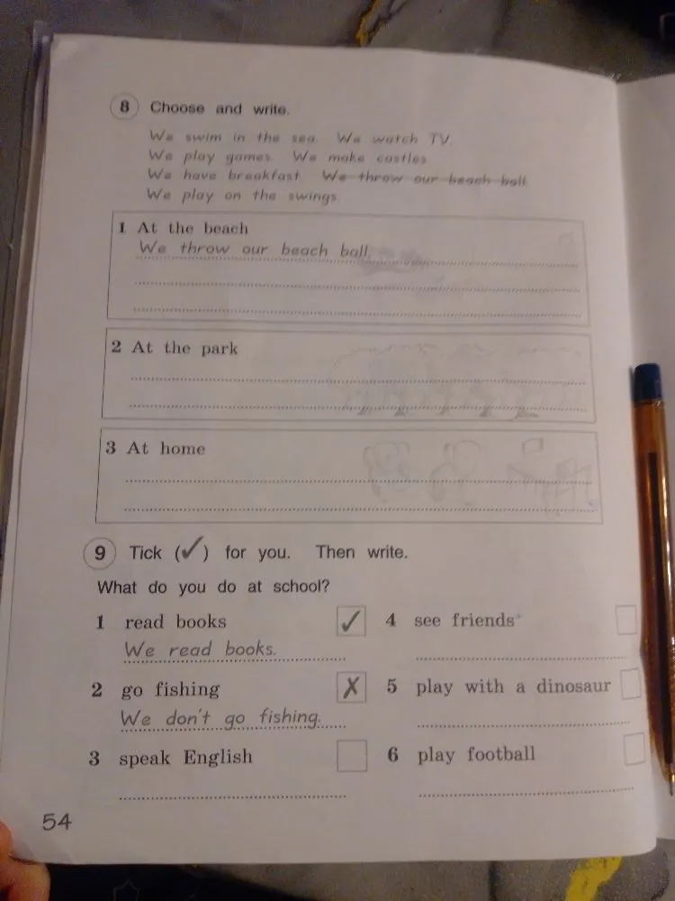 Choose and write. At the beach. At the park. At home. Tick for you. Then write. What do you do at school?