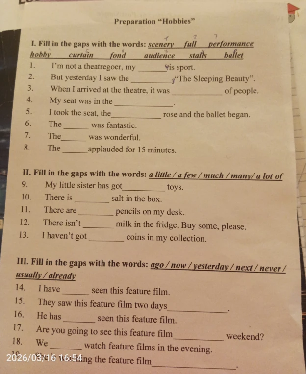 Fill in the gaps with the words: scenery, full, performance, hobby, curtain, fond, audience, stalls, ballet