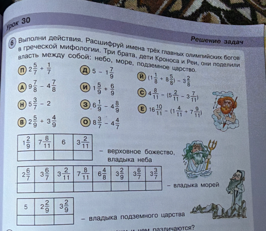Выполни действия. Расшифруй имена трёх главных олимпийских богов в греческой мифологии.