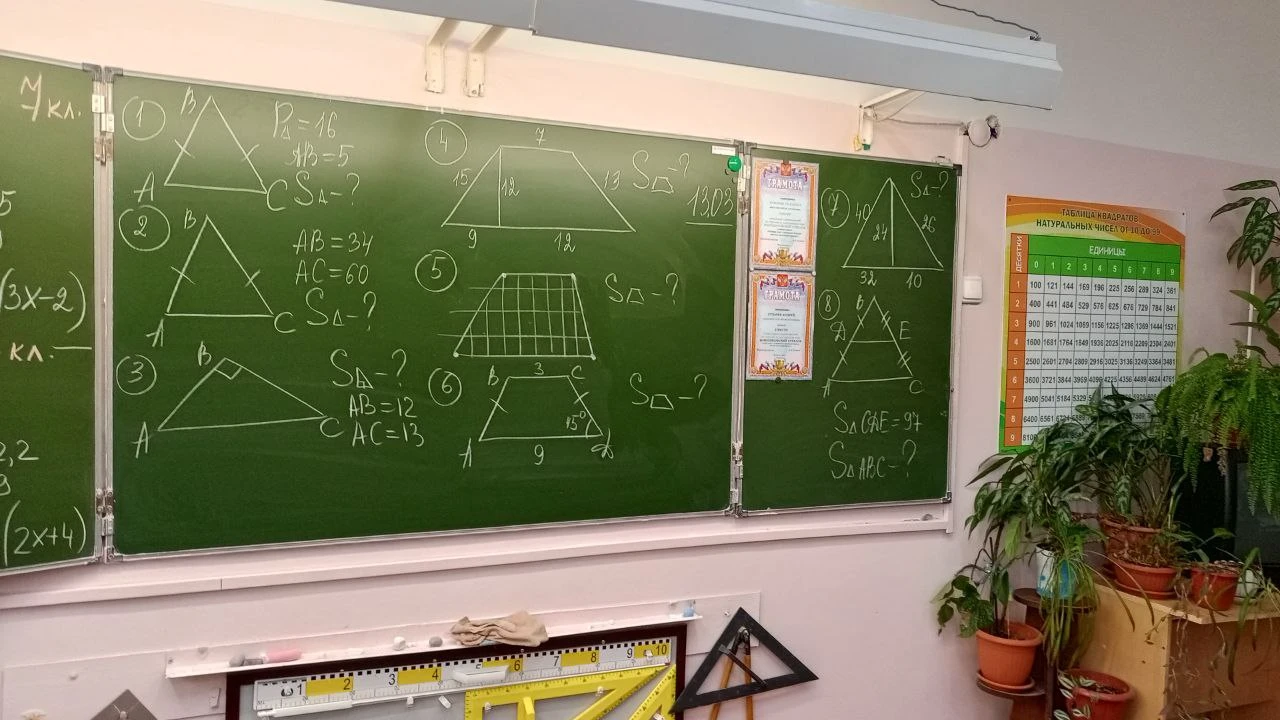 Найдите площади фигур, изображенных на доске (треугольники, трапеции, параллелограмм).