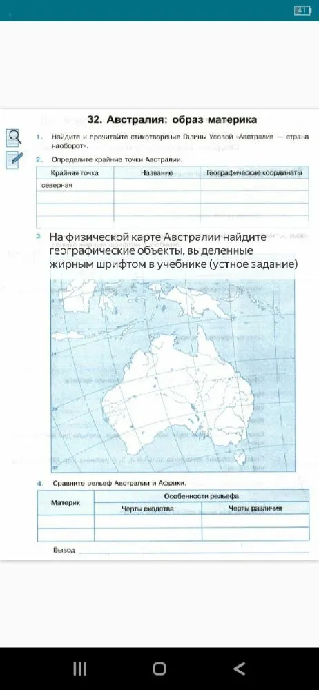 Определите крайние точки Австралии. Сравните рельеф Австралии и Африки.