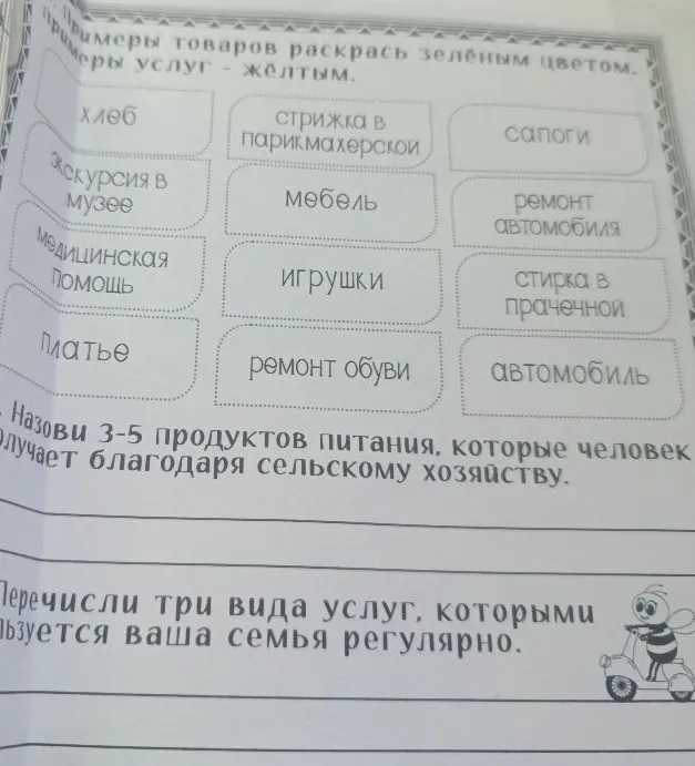 Примеры товаров раскрась зелёным цветом, примеры услуг - жёлтым.