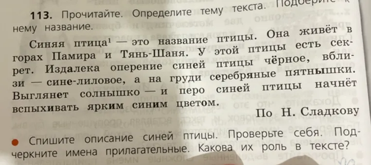 Прочитайте. Определите тему текста. Подобрите к нему название. Спишите описание синей птицы. Подчеркните имена прилагательные. Какова их роль в тексте?