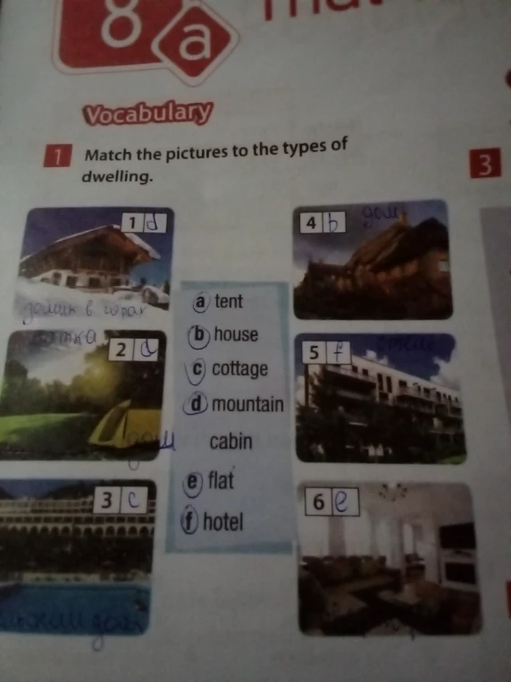 Match the pictures to the types of dwelling.
