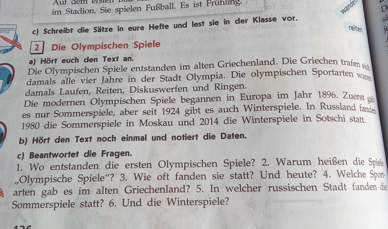 Beantwortet die Fragen zum Text 'Die Olympischen Spiele'.