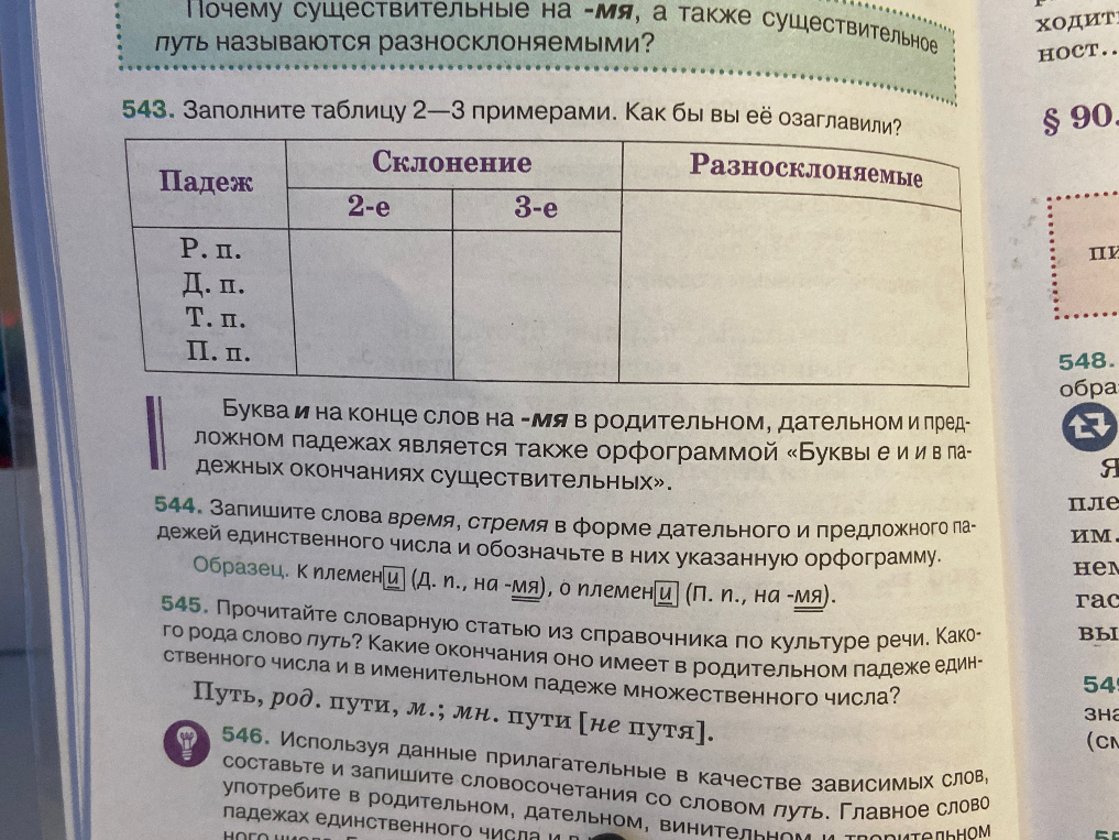 Заполните таблицу 2—3 примерами. Как бы вы её озаглавили? Запишите слова время, стремя в форме дательного и предложного падежей единственного числа.