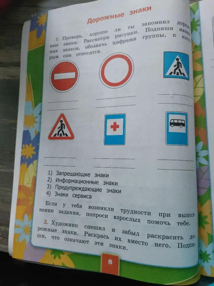 Проверь, хорошо ли ты запомнил дорожные знаки. Рассмотри рисунки. Подпиши названия знаков, обозначь цифрами группы, к которым они относятся.