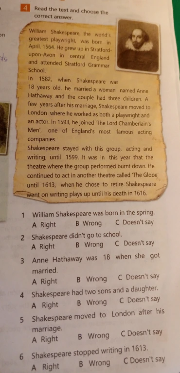 Read the text and choose the correct answer about William Shakespeare