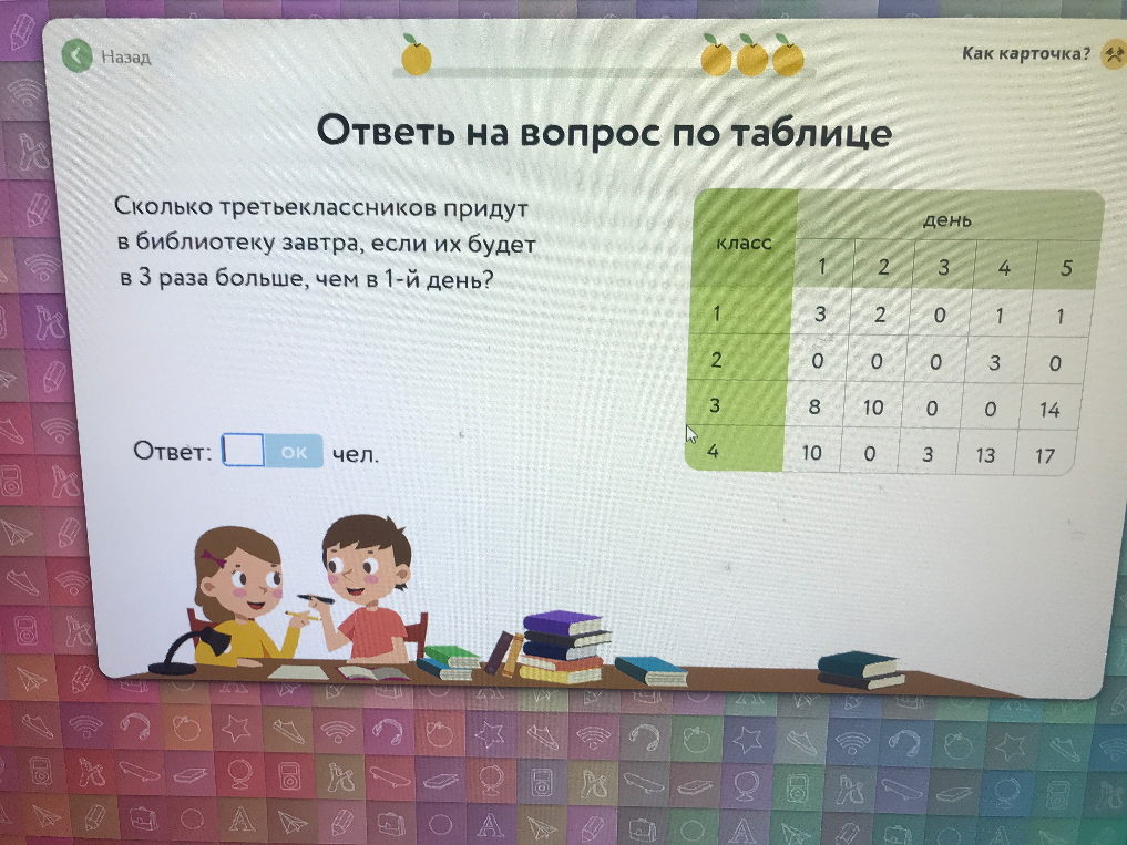 Сколько третьеклассников придут в библиотеку завтра, если их будет в 3 раза больше, чем в 1-й день?