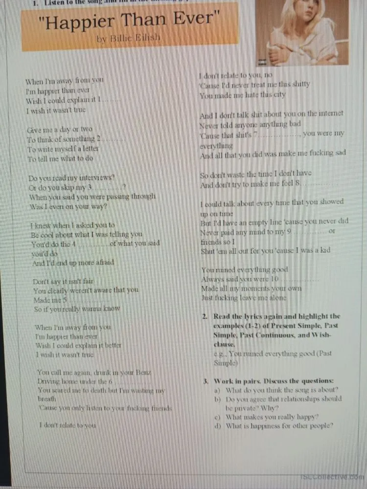 Read the lyrics again and highlight the examples (1-2) of Present Simple, Past Simple, Past Continuous, and Wish-clause.