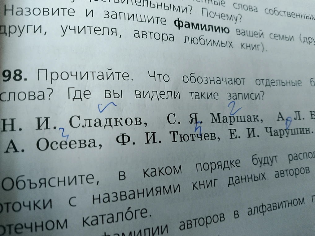 Прочитайте. Что обозначают отдельные буквы перед фамилиями? Где вы видели такие записи? Объясните, в каком порядке будут располагаться в библиотеке карточки с названиями книг данных авторов.