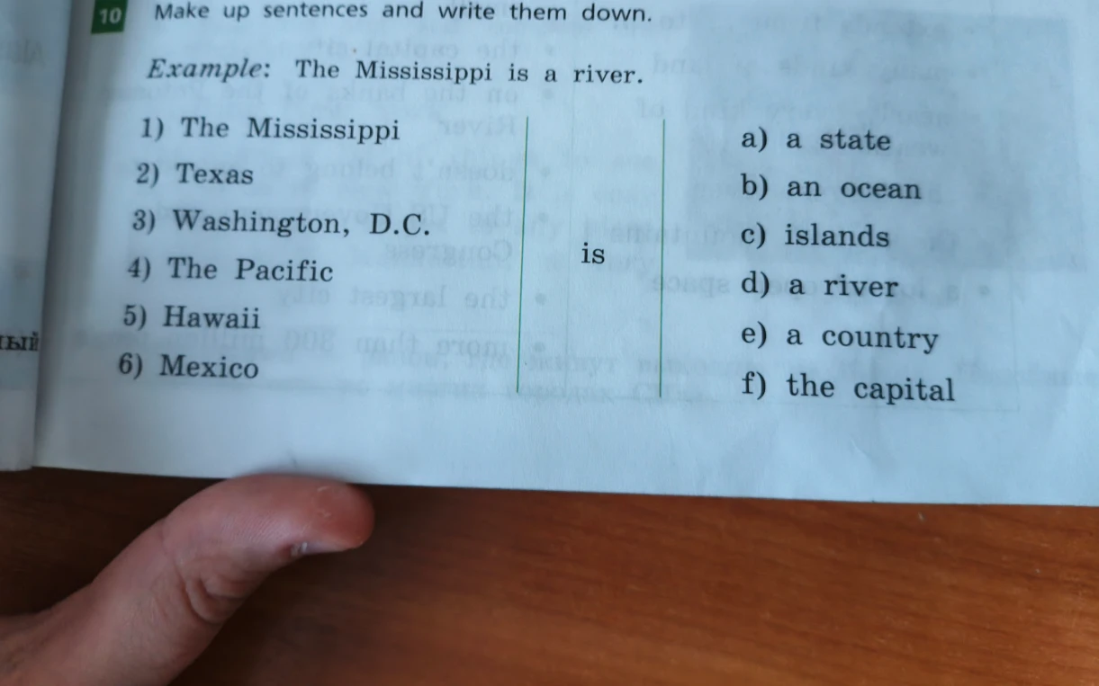 Make up sentences and write them down. Example: The Mississippi is a river.