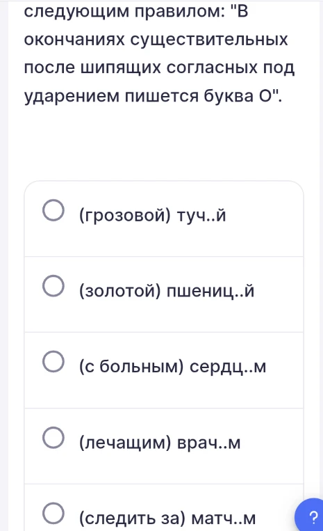 В окончаниях существительных после шипящих согласных под ударением пишется буква О. Выберите подходящий вариант.