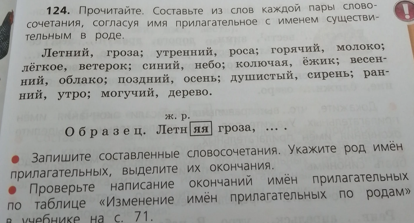 Составьте из слов каждой пары словосочетания, согласуя имя прилагательное с именем существительным в роде.