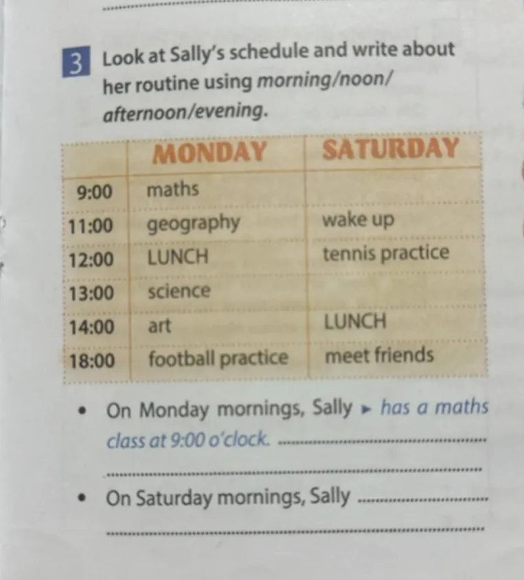 Look at Sally's schedule and write about her routine using morning/noon/afternoon/evening.