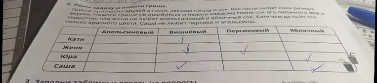 Реши задачу и помоги Грише. Гриша пригласил друзей в гости, заказал пиццу и сок. Все гости любят соки разных вкусов. Помоги Грише не ошибиться и налить каждому гостю сок его любимого вкуса.