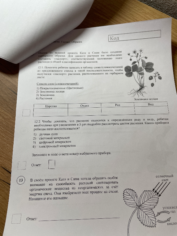 Помогите ребятам записать в таблицу слова в такой последовательности, чтобы получился «паспорт» растения; Каким прибором ребятам надо воспользоваться, чтобы рассмотреть цветок при увеличении в 5 раз; Напишите название процесса синтеза органических веществ из неорганических за счёт энергии света.