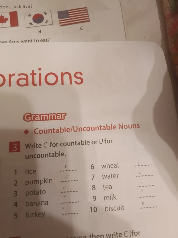 Write C for countable or U for uncountable: rice, pumpkin, potato, banana, turkey, wheat, water, tea, milk, biscuit.