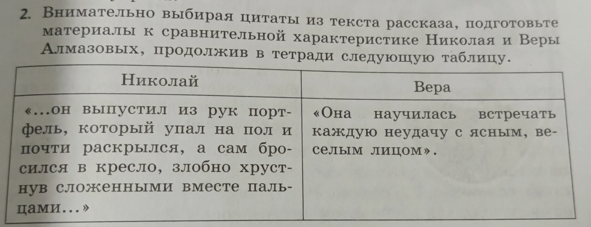 Внимательно выбирая цитаты из текста рассказа, подготовьте материалы к сравнительной характеристике Николая и Веры Алмазовых, продолжив в тетради следующую таблицу.