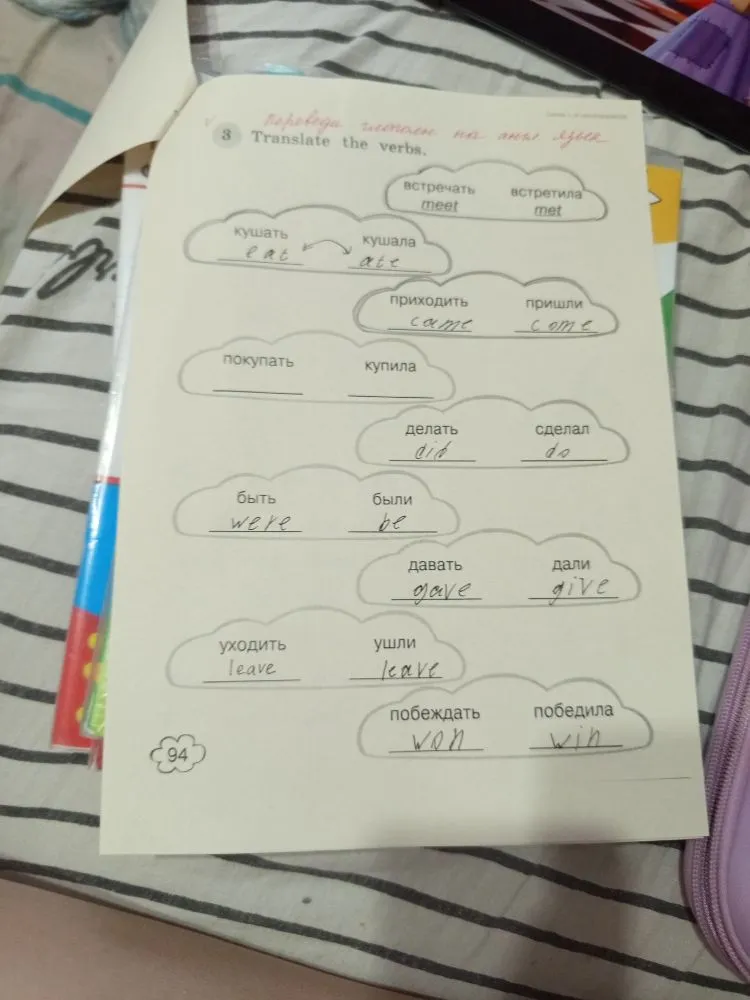 Translate the verbs: переведи глаголы на английский язык.