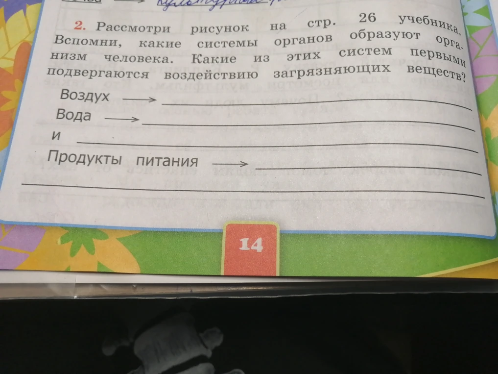 Рассмотри рисунок на стр. 26 учебника. Вспомни, какие системы органов образуют организм человека. Какие из этих систем первыми подвергаются воздействию загрязняющих веществ?