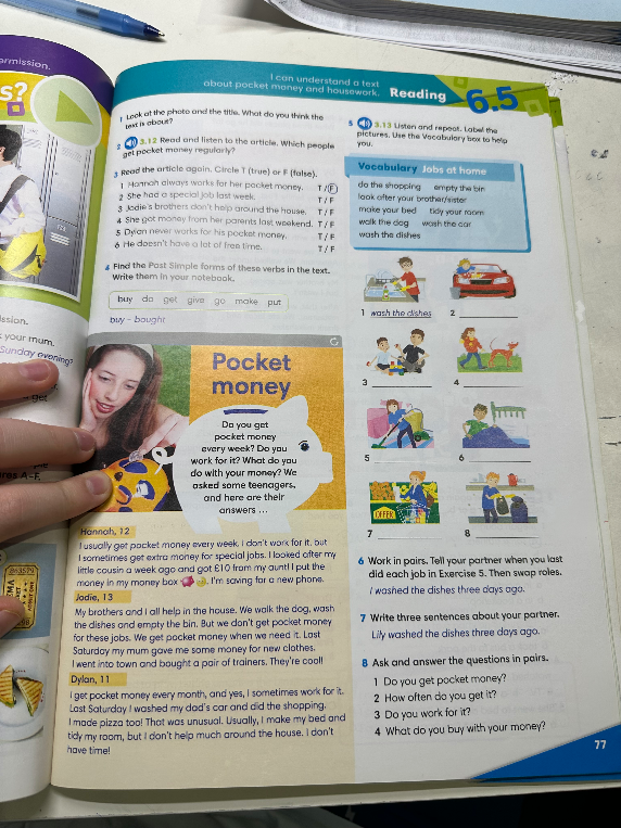 Read the article again. Circle T (true) or F (false). Find the Past Simple forms of these verbs in the text. Label the pictures.